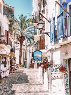 a narrow street with shops and palm trees