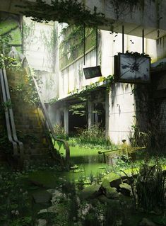 an abandoned building with a clock hanging off the side of it's wall and overgrown vegetation growing all around