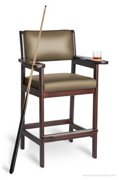 a chair with a wooden stick in it and a glass on the armrests