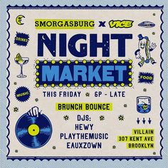 a poster for a night market with various items on the front and back cover, including an image of a vinyl record