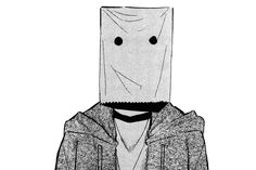 a black and white drawing of a person wearing a paper bag over their head