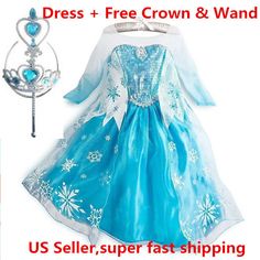 2015 Frozen Princess ELSA Dress Cosplay Party Dress Up + Free Crown & Wand #Everyday Elsa Dress, 파티 드레스