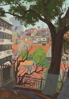 an oil painting of a tree in front of a cityscape with buildings on the other side