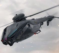 a futuristic helicopter flying through the sky