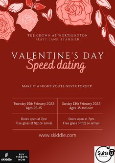 valentine's day speed dating flyer with roses on the front and back side, in red