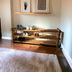 there is a shelf with shoes on it in the living room next to a rug