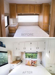 before and after photos of an rv's bedroom