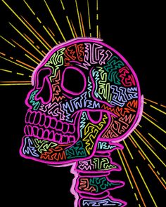 a skull with colorful lettering on it's face