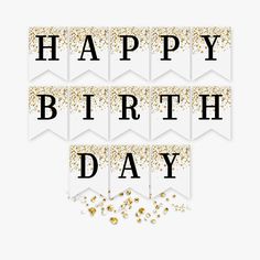 happy birthday banner with gold confetti and black letters on white background, illustration