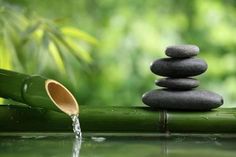 some rocks and bamboo sticks with water coming out of them on the top, in front of green foliage