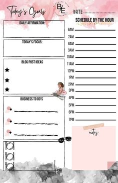 the daily planner for baby's birth is shown in pink and white with black accents