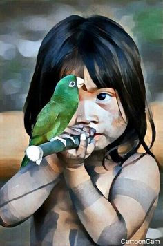 a painting of a girl holding a green bird on her hand and looking at the camera