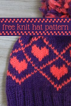 a knitted hat with hearts on it and the words free knitting pattern above it