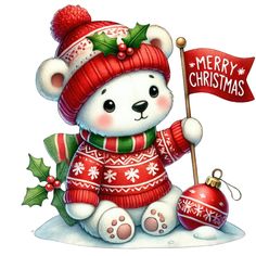 a white teddy bear holding a merry christmas flag and ornament with holly on it