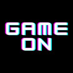 the word game on is displayed in pink and blue letters, against a black background