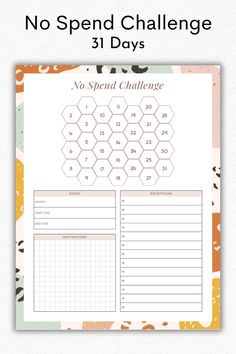 a printable no spend challenge with the text, no spend challenge 31 days on it