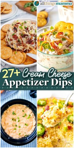 collage image showcasing 27+ Cream Cheese Appetizer Dips. Chive And Onion Cream Cheese Recipes, Top Dip Recipes, Chive And Onion Cream Cheese, Cream Cheese Recipes Dip, Cream Cheese Corn, Baked Dips, Food Bites, Cream Cheese Appetizer