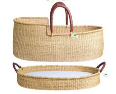 two wicker baskets with handles are shown in this image, one is empty and the other has a brown handle