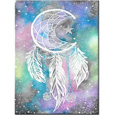 a watercolor drawing of a crescent moon with feathers