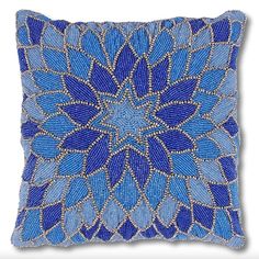 Blue Sunflower Embroidered Canvas Cotton Cushion Covers - Pack of 2 Embellished Pillows, Beaded Pillow, Sofa Handmade, Luxury Pillows, Bead Embroidery Patterns, Embroidered Canvas, 16x16 Pillow Cover, Sofa Cushion Covers, Diy Pillows