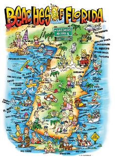 an illustrated map of florida with all the states and their major cities on it's side