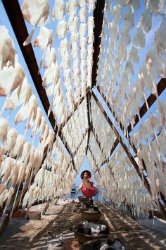 a woman sitting on the ground in front of some white feathers hanging from a metal structure