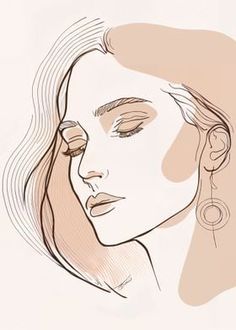 a drawing of a woman's face with long hair and earrings on her ear