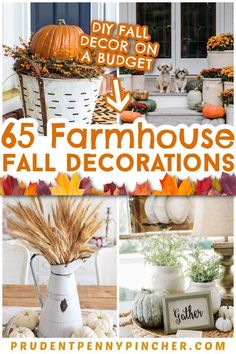 the front porch decorated for fall with pumpkins, hay and gourds on it