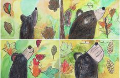 four drawings of bears with leaves and acorns on them, one is looking up at the sky