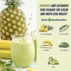 a pineapple and cucumber smoothie is shown next to other fruits and vegetables