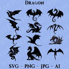 the silhouettes of different dragon designs are shown in black on a light blue background