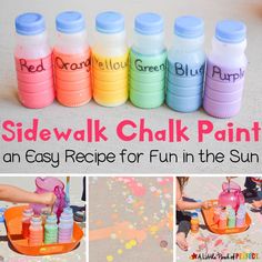 a collage of photos with the words sidewalk chalk paint on it and an easy recipe for fun in the sun