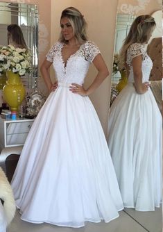 Beading Lace Ball Gown Short Sleeve V-Neck Chiffon Wedding Ball Gown Short, Mermaid Ball Gowns, Short Sleeve Wedding Dress, Bridal Ball Gown, Lace Ball Gowns, Chiffon Wedding Dress, Wedding Dresses With Flowers, Wedding Dress Chiffon, Wedding Dress Sleeves