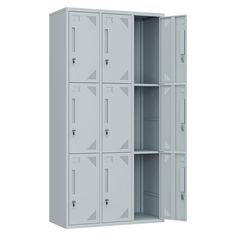 a large metal locker with doors open