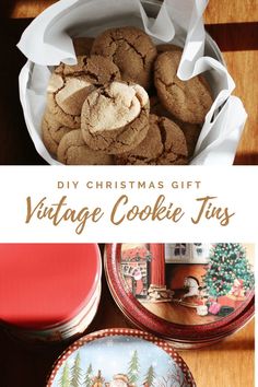 some cookies and plates on a table with the words diy christmas gift vintage cookie tins