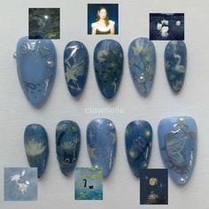 mine!! monet and laufey-inspired nails with flowers, pond, water lily, silver chrome, magnolias, lilies, swan, cat, dragonfly, butterfly, bubbles, pearls, 3d, coquette vibes, shoujo girl aesthetic, painting, van gogh Pond Nails, Dark Blue Moon, Painting Van Gogh, Nails With Flowers, Lily Nails, Coquette Vibes, Bubble Nails, Shoujo Girl, Blue Nail Art Designs