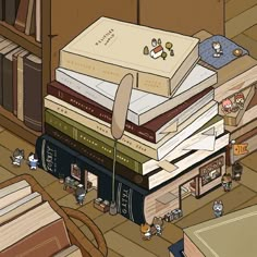 a pile of books sitting on top of a wooden floor next to a book shelf