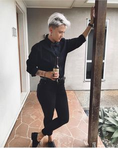 Lesbian Fashion - The Hottest Lesbian Outfits for 2021 - Our Taste For Life Tomboy Outfits Date Night, Masc Lesbian Outfits Black Tie, Older Lesbian Style, Stem Lesbian Dinner Outfits, All Over Black Suit Design, Fashion Lesbian Style, Lesbian All Black Formal Outfit, Lesbian Pant Suit, Masc Lesbian Dress Up Outfits