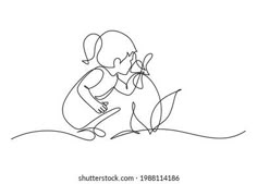 a continuous line drawing of a woman kneeling down and holding a flower in her hand