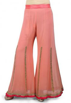 Gota Patti Embroidered Georgette Palazzo in Peach Stylish Frocks, Georgette Palazzo, Women Trousers Design, Sharara Designs, Womens Pants Design, Girls Dresses Sewing, Velvet Dress Designs, Polka Dot Maxi Dresses, Long Kurti Designs