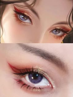 Halloween Makeup Only Costume, Red Fox Makeup, Summer Douyin Makeup, Chinese New Year Makeup, Kitsune Makeup, Red And Gold Makeup, Hanfu Makeup, Red Eyeshadow Looks, Mascara Hacks