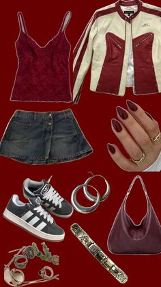 an assortment of clothes and accessories on a red background