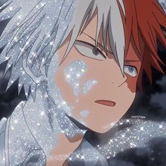 an anime character with red hair and white eyes looking at something in the sky,