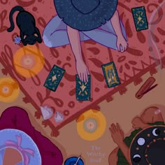 a woman sitting on top of a rug surrounded by other items and cats in the background