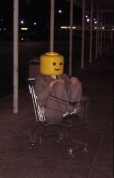 a person sitting in a shopping cart with a smiley face on it's head