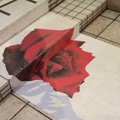 a rose painted on the ground next to steps