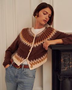 J.Crew: Fair Isle Cardigan Sweater In Brushed Yarn For Women Fair Isle Cardigan, Linen Cardigan, Textured Yarn, Sweater Crop, Fair Isle Sweater, Brown Sweater, Wool Cardigan, Long Sweaters, Fair Isle