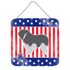 a sign with a dog on it in front of an american flag background and stars