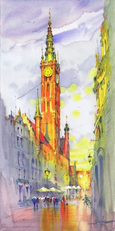 a painting of a clock tower in the middle of a city with people walking around