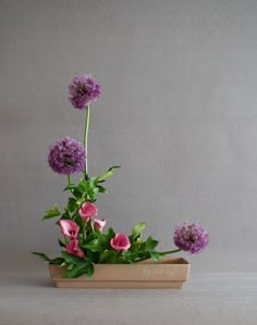 purple flowers and greenery in a planter on a gray background with the word love written across it